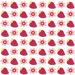 Summer pattern with daisy flowers and strawberries. Retro print for pillow, blanket, textile and fabric. Hand drawn floral background.