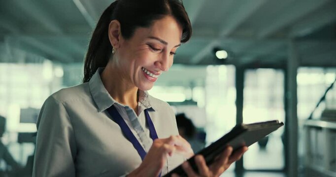 Woman, tablet or typing in office for research, medical knowledge or information in prosthetic development. Prosthetist, expert or happy with tech for innovation, feedback report or idea for project