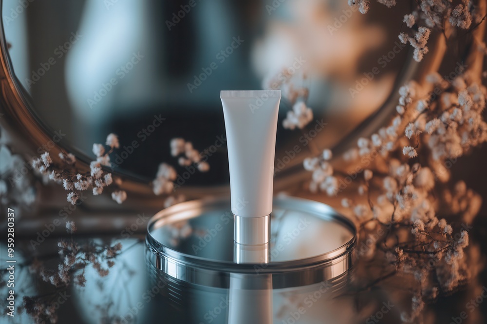 Poster a tube of cream stands on a shiny base, surrounded by delicate flowers and a mirror, illuminated by 