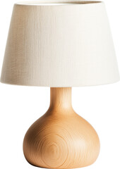 A modern wooden lamp with a beige fabric shade enhances the cozy atmosphere of a contemporary living room isolated on transparent background.