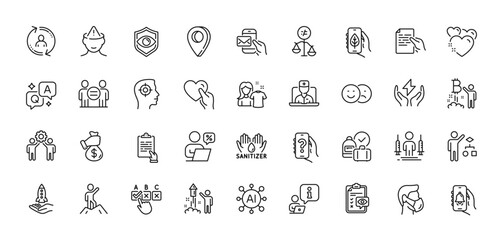Eye detect, Medical mask and Clipboard line icons pack. AI, Question and Answer, Map pin icons. Clean shirt, Ethics, Leadership web icon. Hold heart, Bribe, Recruitment pictogram. Vector