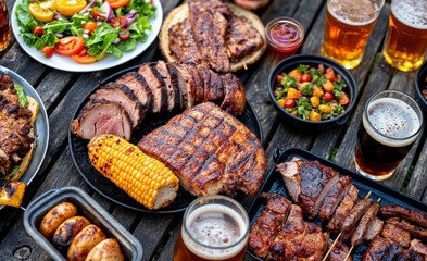 Grilled meat, fresh vegetables, and cold beer served on a rustic table during a summer barbecue gathering