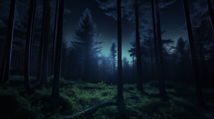 Naklejka premium Mysterious Dark Forest with Bright Moonlit Night