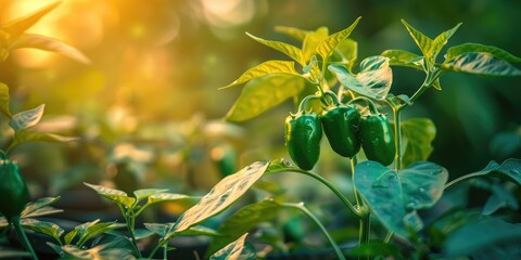 Small green bell peppers thriving in a garden space.