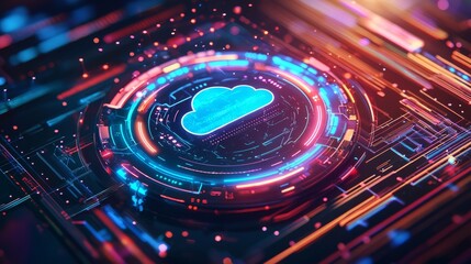 Obraz premium Abstract illustration of a blue cloud symbol inside a glowing ring, representing cloud computing and digital technology.
