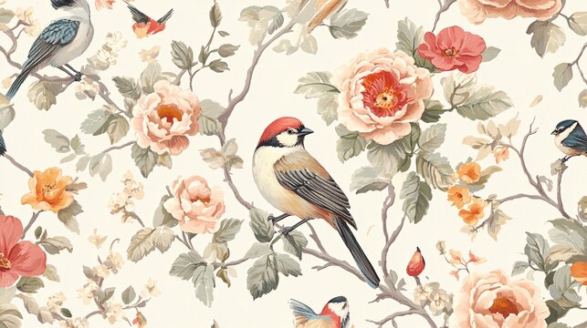 Fototapeta Seamless floral wallpaper with detailed illustrations of garden flowers and birds in a classic vintage style