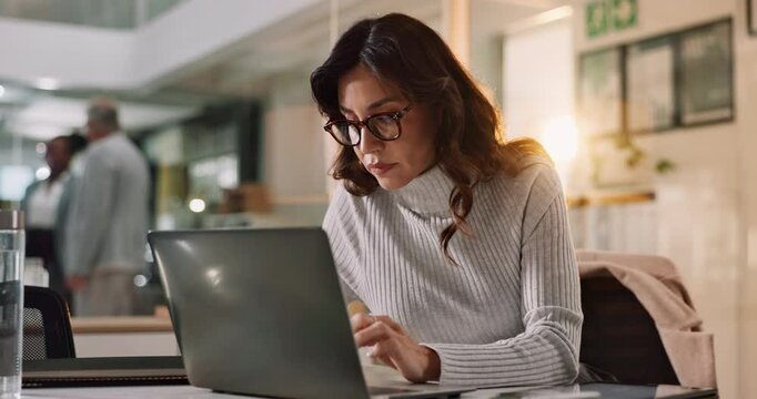 Laptop, tablet and business woman check email, research or proofreading project for publication in creative startup. Journalist, computer or writing news, blog or editing review on deadline at night