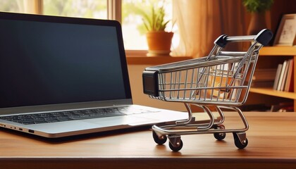 A Small Shopping Cart Model in Front of Blurred Laptop on Blurred Home Background. Online Business and E-Commerce Concept, Generative AI