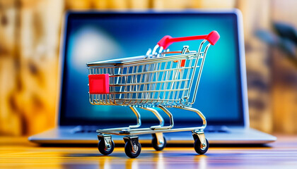 A Small Shopping Cart Model in Front of Blurred Laptop on Blurred Home Background. Online Business and E-Commerce Concept, Generative AI