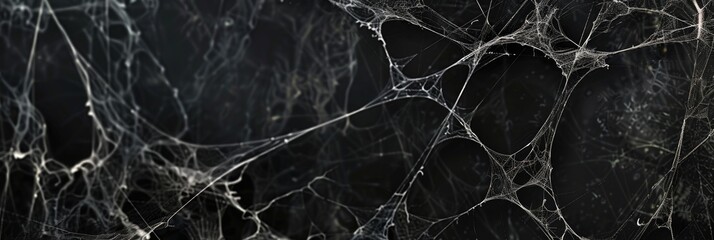 Creepy spider webs hanging on black banner as a top border