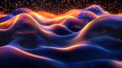 Intricate pattern of glowing, pulsating waves, illuminated from below in a starry cosmic night sky.