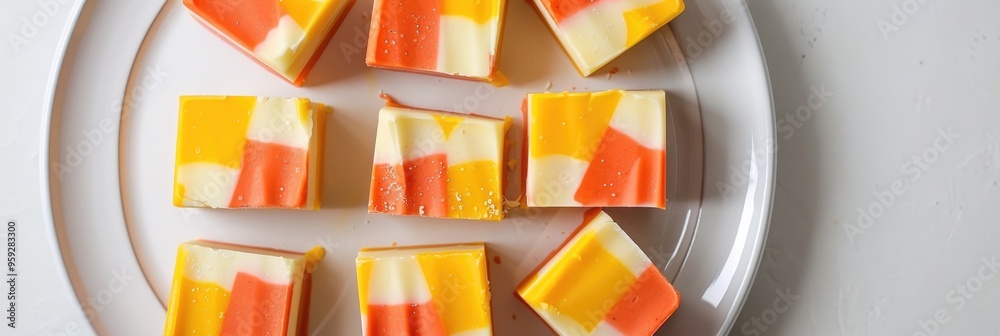 Sticker Candy corn fudge squares beautifully arranged in a flat lay on a white plate