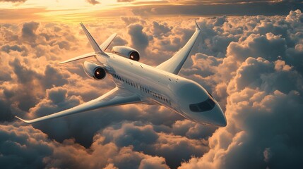 A futuristic jet flying high, cutting through watercolor clouds bathed in golden sunlight, capturing the essence of modern aviation