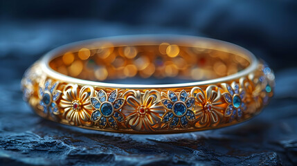Golden Floral Bangle with Blue Gemstones - 3D Illustration