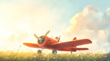 Lively cartoon airplane with a friendly pilot waving, soft watercolor colors blend into a peaceful, sunlit horizon