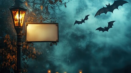 A Halloween Signpost With Bats and a Lit Lantern