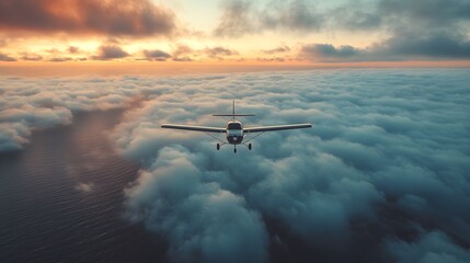 A propeller-driven aircraft navigating through fluffy watercolor clouds above a deep, endless ocean, the horizon blending into the sky