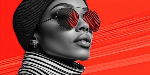 Black-and-white portrait of a woman with red glasses and a beanie, set against a vibrant red background