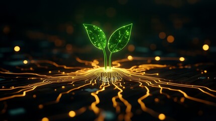 Copper circuitry emerging from a wooden surface, blending seamlessly with plant roots, glowing with green luminescence, futuristic and minimalistic, Photorealism, high contrast lighting