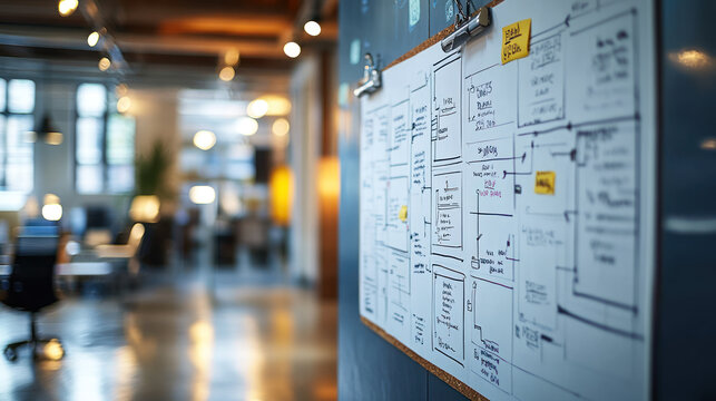 A detailed wall display of colorful website wireframes pinned with notes, showcasing creative workspace..