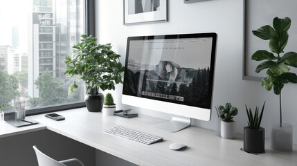 Fototapeta premium A clean and minimalist workspace featuring computer displaying website design, surrounded by greenery and modern decor..
