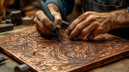 Create an image of a craftsman engraving detailed designs into a copper board