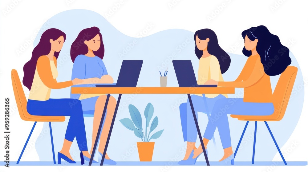 Canvas Prints three women sitting at a table with laptops on them, ai