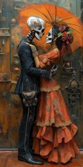 Digital painting of two skeletons dressed in traditional attire, embracing under an orange umbrella