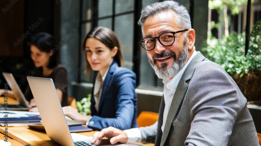 Poster a man with a beard and glasses sitting at a table using laptops, ai