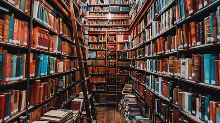 Fototapeta premium A tranquil library aisle filled with tall bookshelves and soft reading lamps, capturing a close-up of a person quietly browsing books.