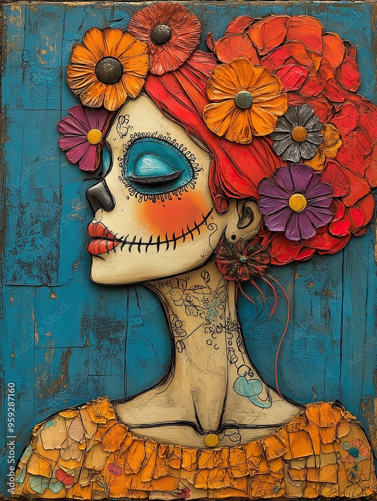 Wall mural illustration of a woman with colorful flowers and face paint in profile on a textured blue wooden ba