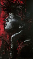 A close-up of a person's face in profile with thorns around their head and red splatters in the background, representing suffering.