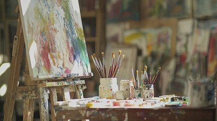 Obraz premium A peaceful artist's studio with an easel and vibrant splashes of color, focusing on a close-up of an artist skillfully working with paintbrushes.