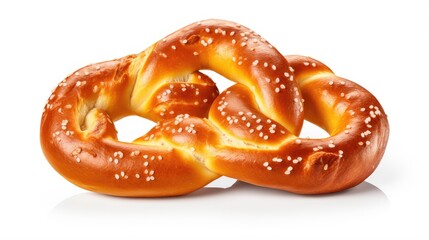 A close-up of two soft pretzels, golden-brown with a shiny surface and sprinkled with coarse salt on white background, ideal for snacking.