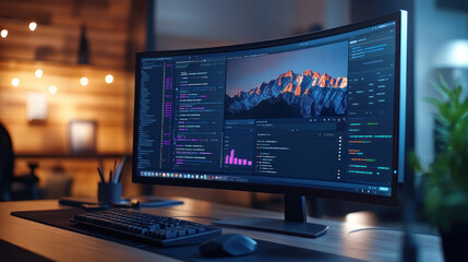Fototapeta premium A sleek curved monitor displays vibrant data visualizations and coding interfaces, creating an engaging workspace for design and development..