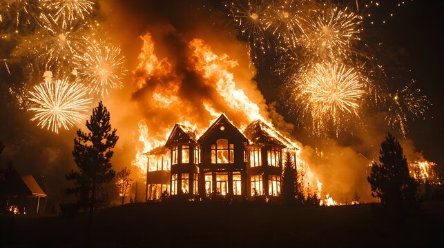 A house fire raging during a nighttime festival, fireworks bursting in the sky, with dark smoke blending into the night, dramatic lighting, Insurance Documentation, Photo-realistic, 16:9