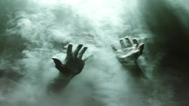 The devil's hand is in the darkness, smoke billows in the area, lost in the dark soul, complete with a scary horror and magical atmosphere