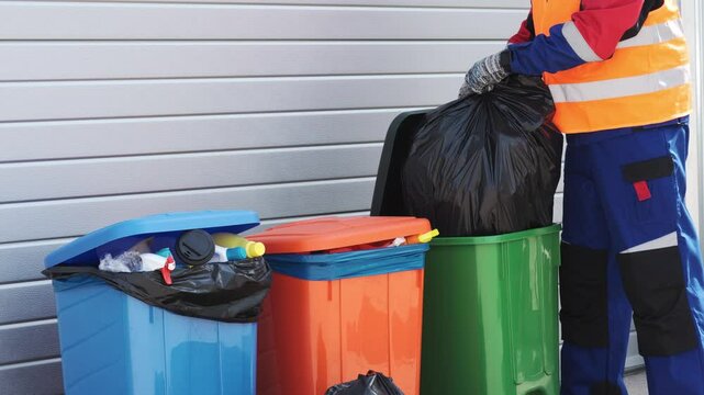 Waste collection worker sorts trash at local facility in vibrant recycling bins during mid-afternoon shift