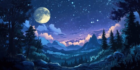 Fototapeta premium A starry night over a mountain range, with a full moon shining brightly in the sky.