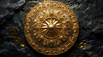 Obraz premium Golden Ornate Shield on Black Background Illustration