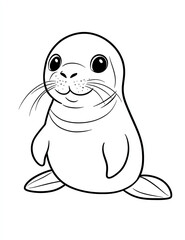  A cute cartoon seal coloring page for kids with crisp lines and a white background, a simple style with no shading. 