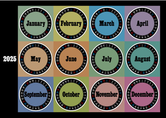 Obraz premium 2025年の年間円形カレンダー横