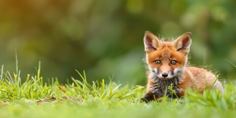 Obraz premium Playful young red fox cub on vibrant grass, looking at the camera in a natural summer environment; an adorable juvenile wild creature observed from the front in its natural surroundings.