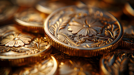 Closeup of Gold Coin with Flower Design 3D Render