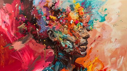 Abstract portrait of a woman with vibrant colors and splashes of paint.