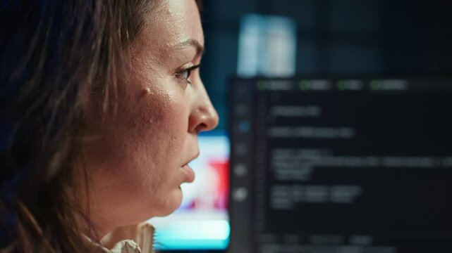 Angry programmer feeling frustration after failing to secure company servers from virus attacks. Irritated woman releasing pent up emotions, unable to build firewalls protecting data, camera B