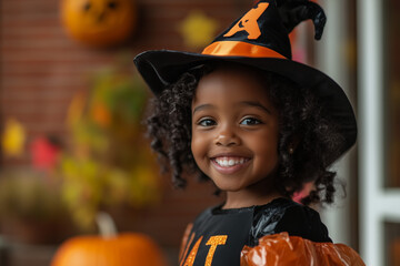 Little Black Girl Wearing Halloween Costume Ready to Trick-or-Treat