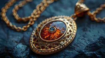 Naklejka premium Close-up of a Gold Necklace with an Amber Gemstone Pendant Photo