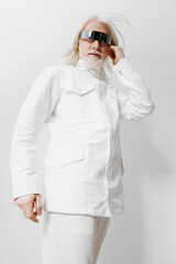 futuristic fashion, trendy outfit, silver hair, stylish glasses, white background, modern attire,...