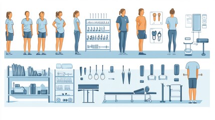 Physical Therapy Techniques vector graphic showing different physical therapy techniques and exercises used for rehabilitation and recovery